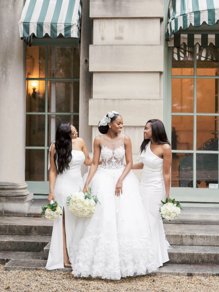 Washington DC Winter Estate Wedding with white bridesmaids dresses. Custom Wedding Reception Dress, Velvet tuxedo jacket.